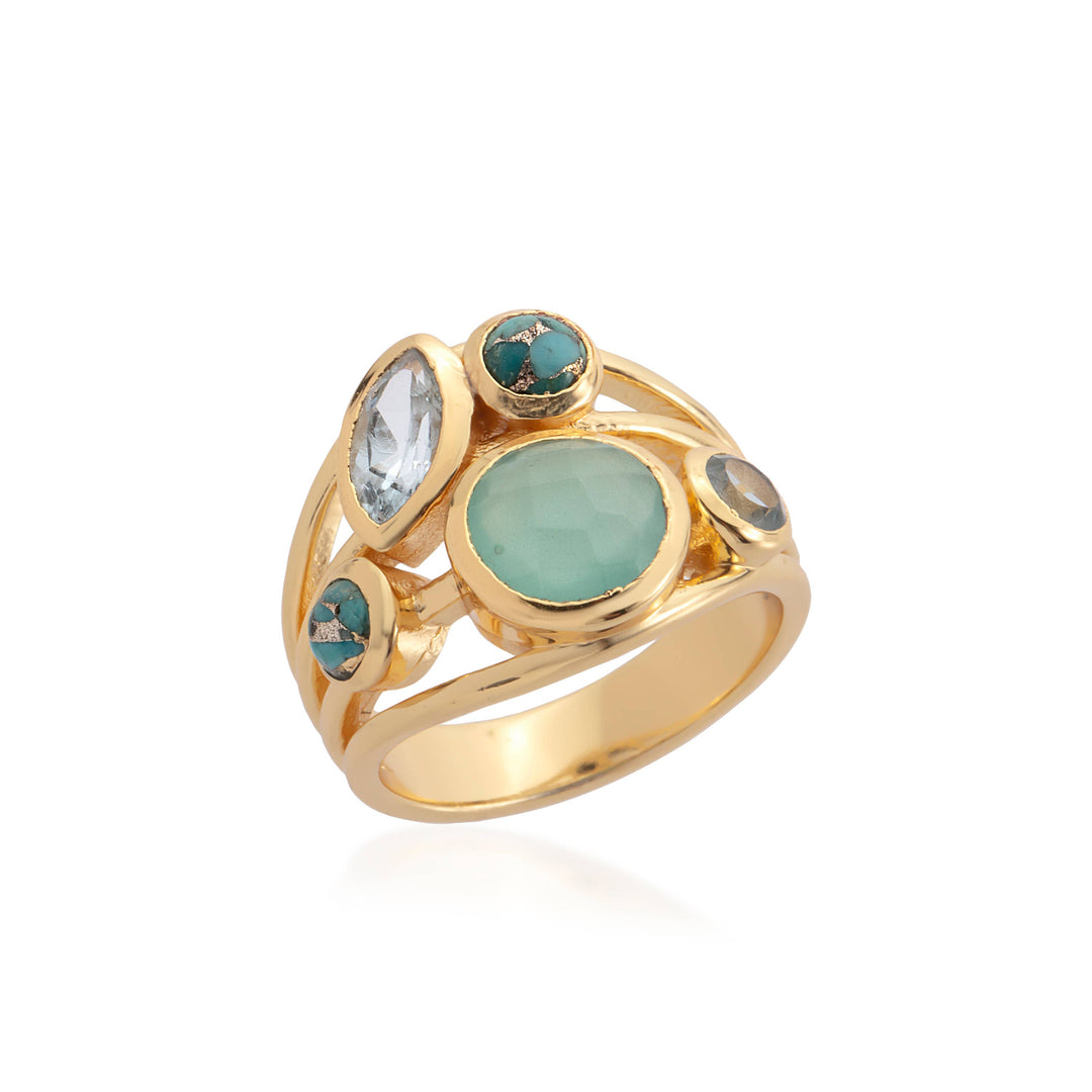 Aqua and blue gold plated ring with assorted stones