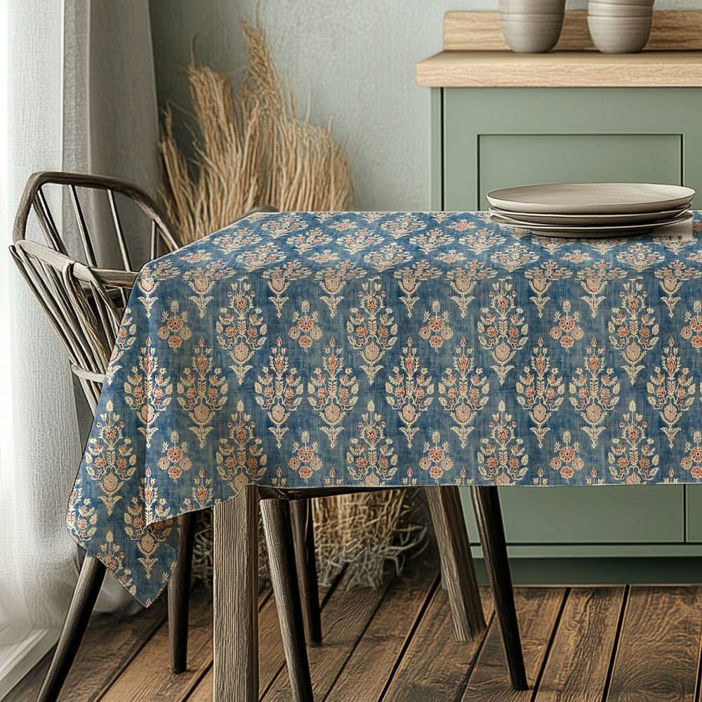 Linen Tablecloth in Block print blue on oatmeal linen