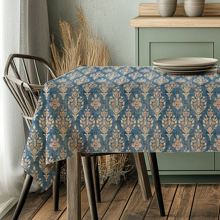 Linen Tablecloth in Block print blue on oatmeal linen