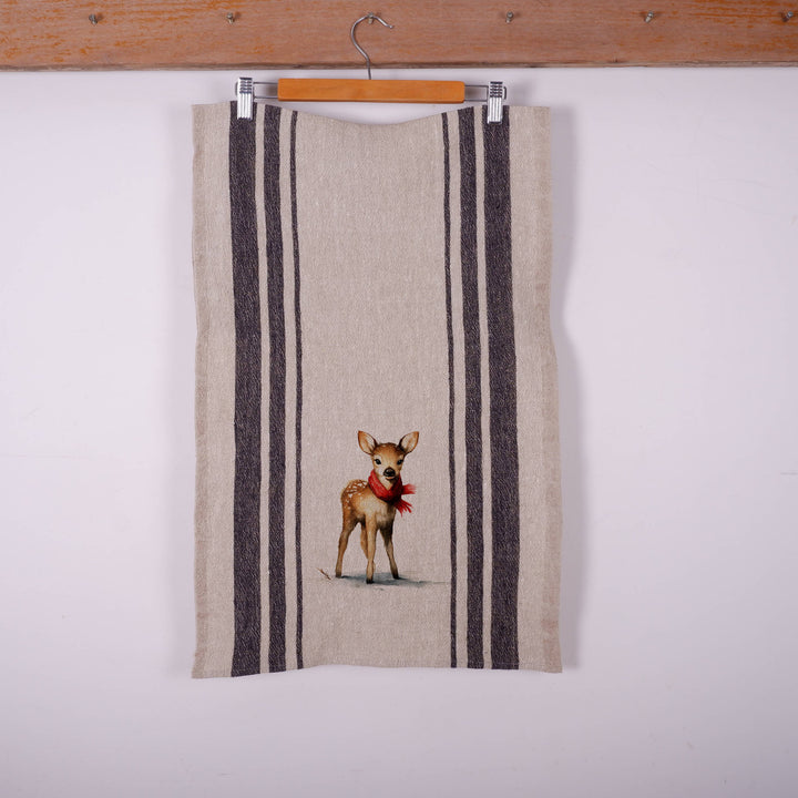 Baby reindeer Stripe Vintage Linen Kitchen Towel