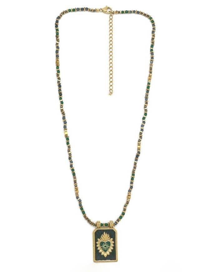 Flaming Heart And Evil Eye Dark Green Charm Necklace