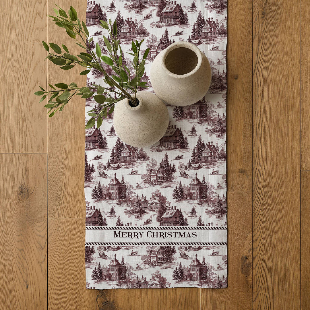 Linen Runner Merry Christmas Toile de jouy Country