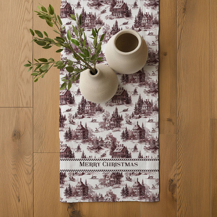 Linen Runner Merry Christmas Toile de jouy Country