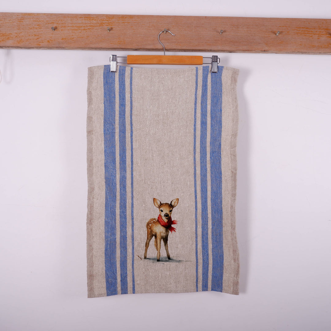 Baby reindeer Stripe Vintage Linen Kitchen Towel