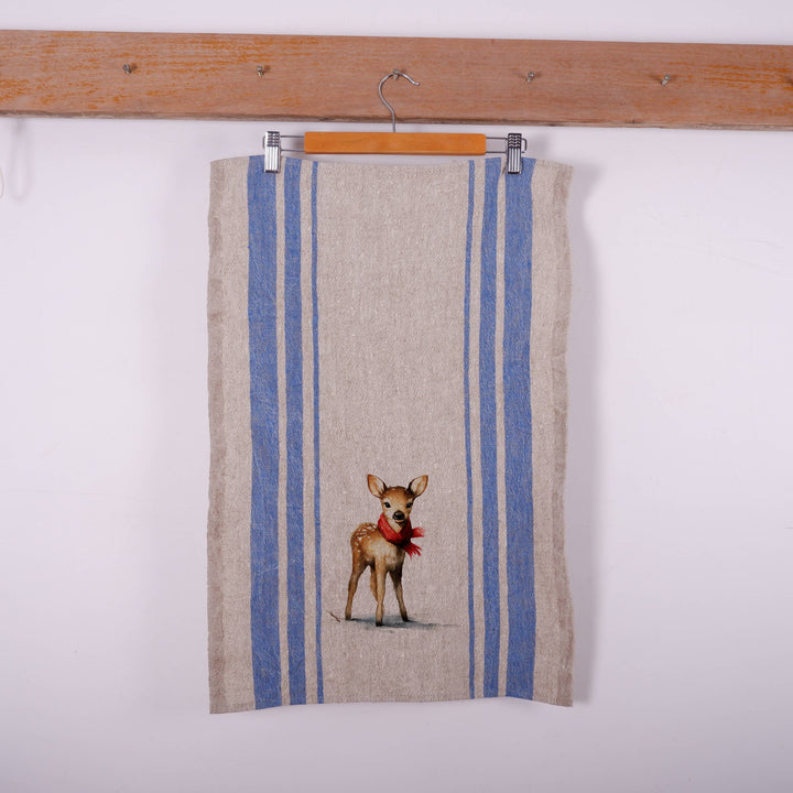 Baby reindeer Stripe Vintage Linen Kitchen Towel