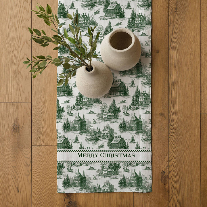 Linen Runner Merry Christmas Toile de jouy Country