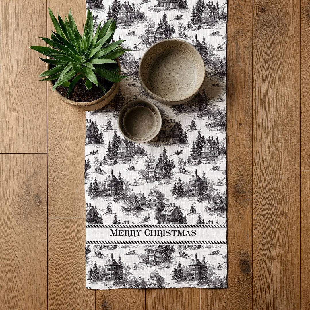 Linen Runner Merry Christmas Toile de jouy Country