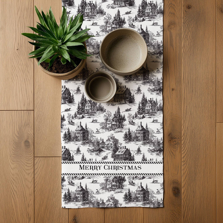 Linen Runner Merry Christmas Toile de jouy Country