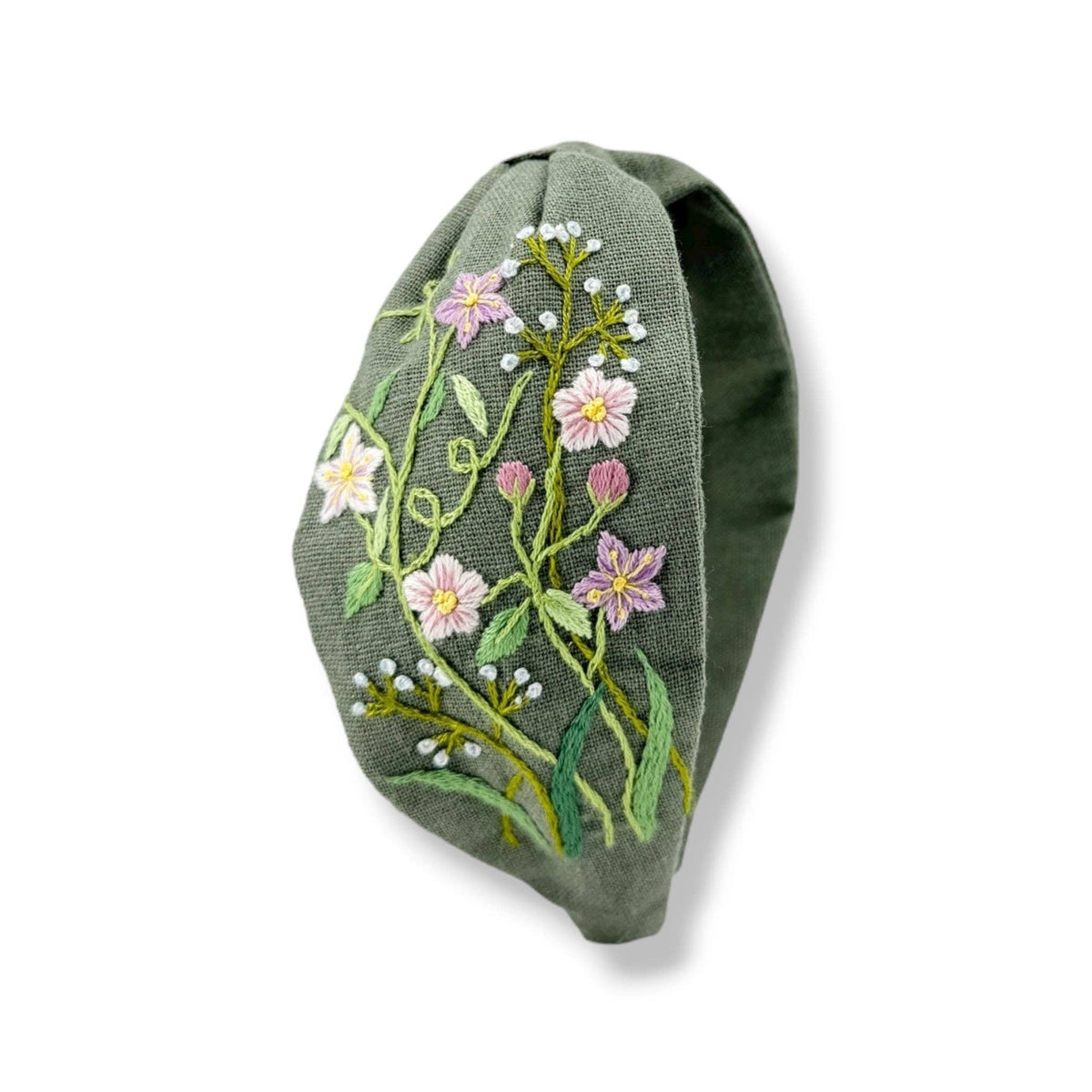 Floral Sage Hand Embroidered Headband