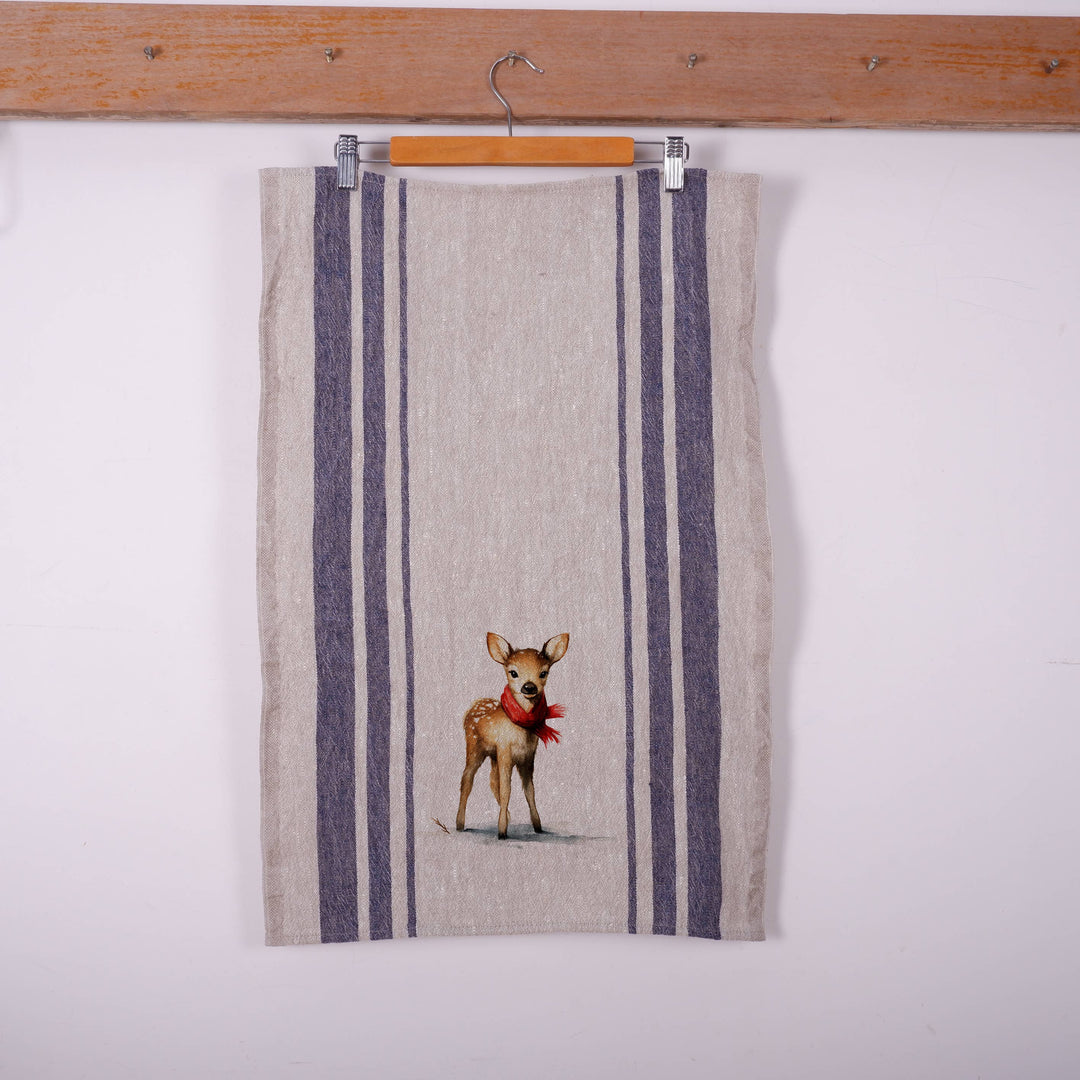 Baby reindeer Stripe Vintage Linen Kitchen Towel