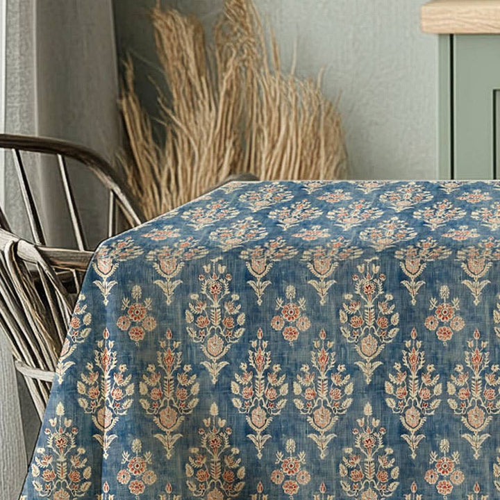 Linen Tablecloth in Block print blue on oatmeal linen