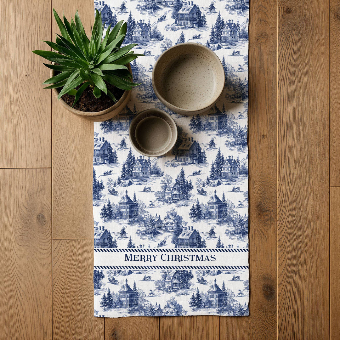 Linen Runner Merry Christmas Toile de jouy Country