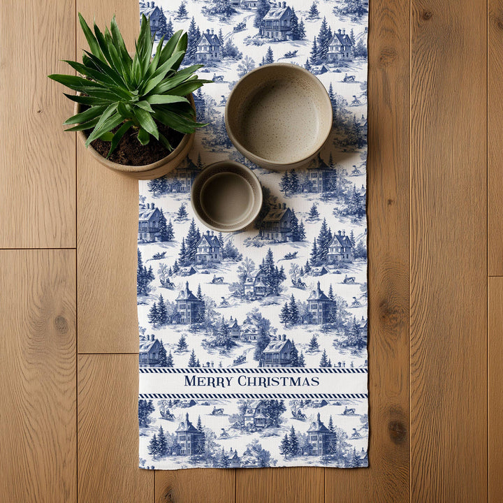 Linen Runner Merry Christmas Toile de jouy Country