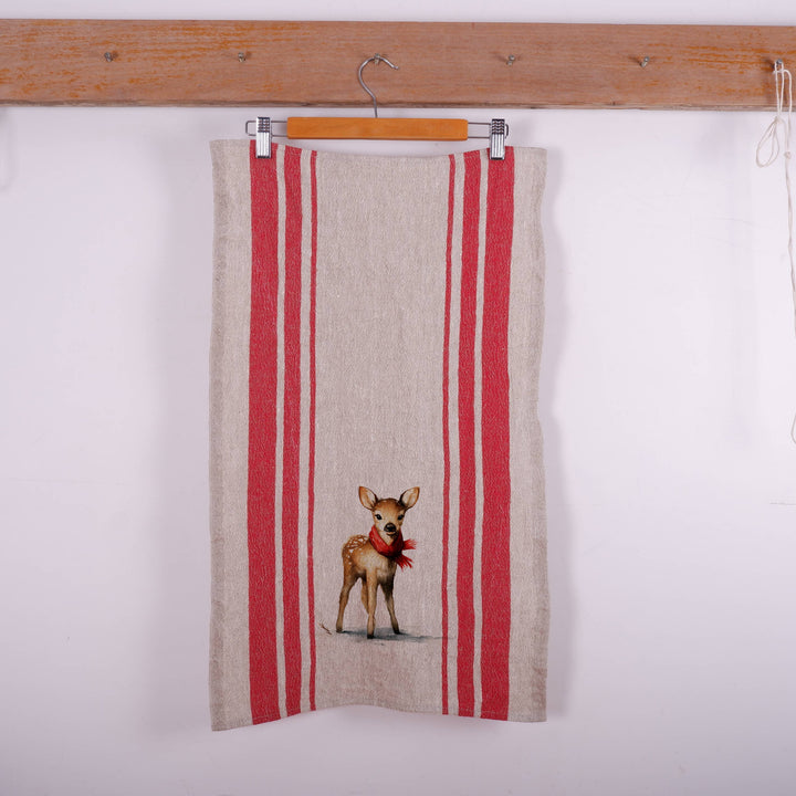 Baby reindeer Stripe Vintage Linen Kitchen Towel