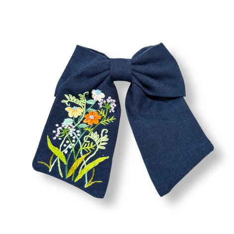 Navy Wildflower Garden Hand-Embroidered Hair Barrette