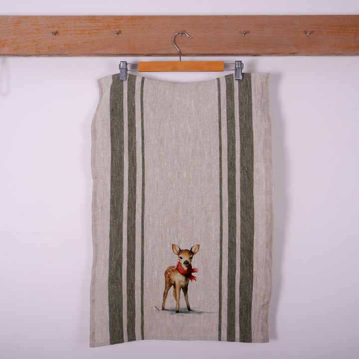 Baby reindeer Stripe Vintage Linen Kitchen Towel