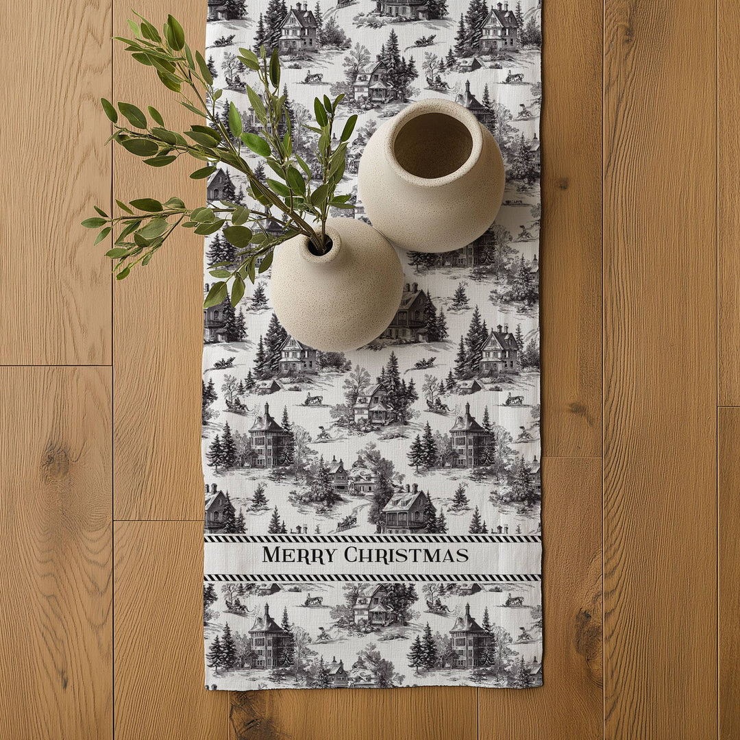 Linen Runner Merry Christmas Toile de jouy Country