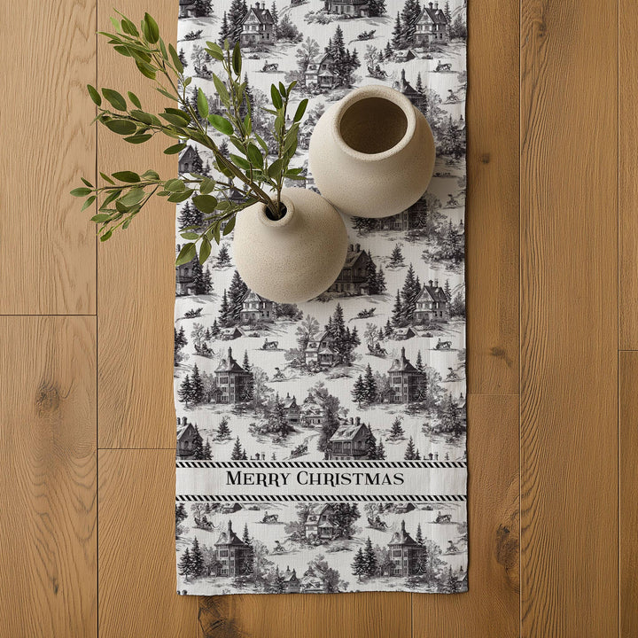 Linen Runner Merry Christmas Toile de jouy Country
