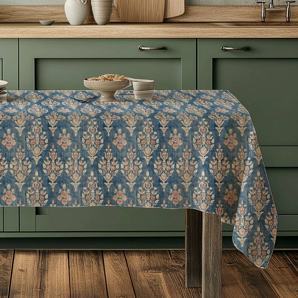 Linen Tablecloth in Block print blue on oatmeal linen