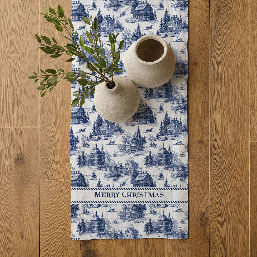 Linen Runner Merry Christmas Toile de jouy Country
