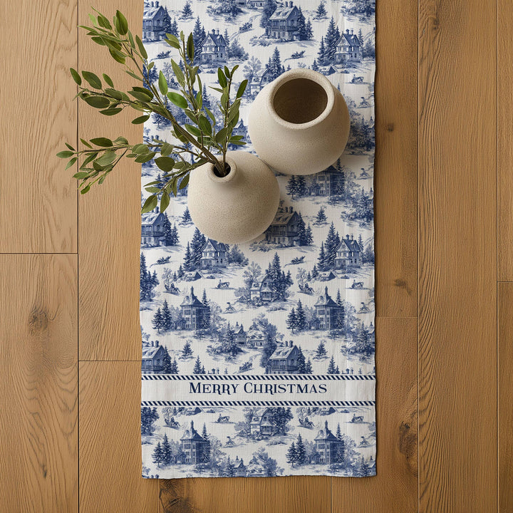 Linen Runner Merry Christmas Toile de jouy Country